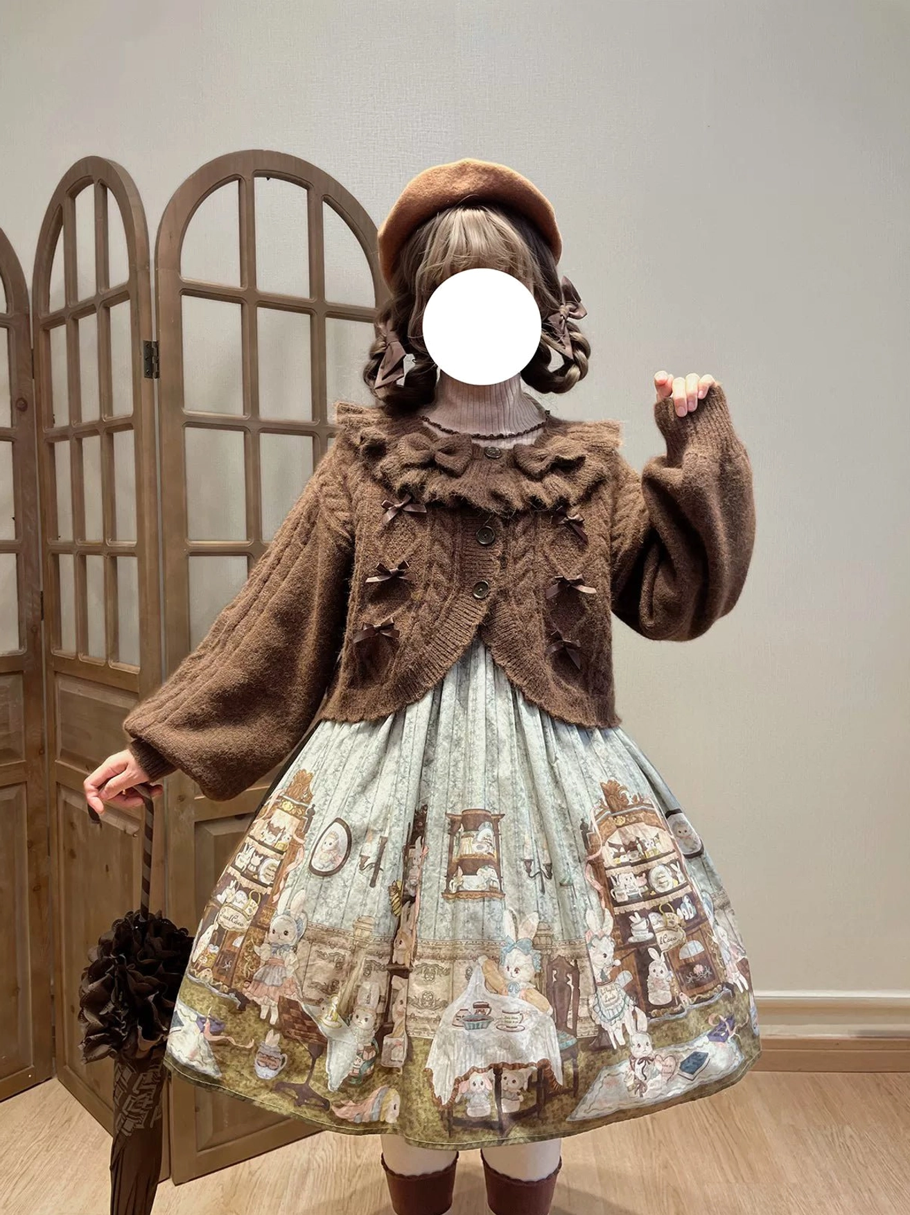 Chocolate Brown Cropped Lolita Cardigan with Ruffled Collar Back View Vintage Sweet Printed Skirt Ensemble