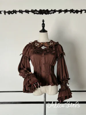Dark chocolate brown long sleeve lolita blouse with lace ruffled collar and flared cuffs front mannequin display