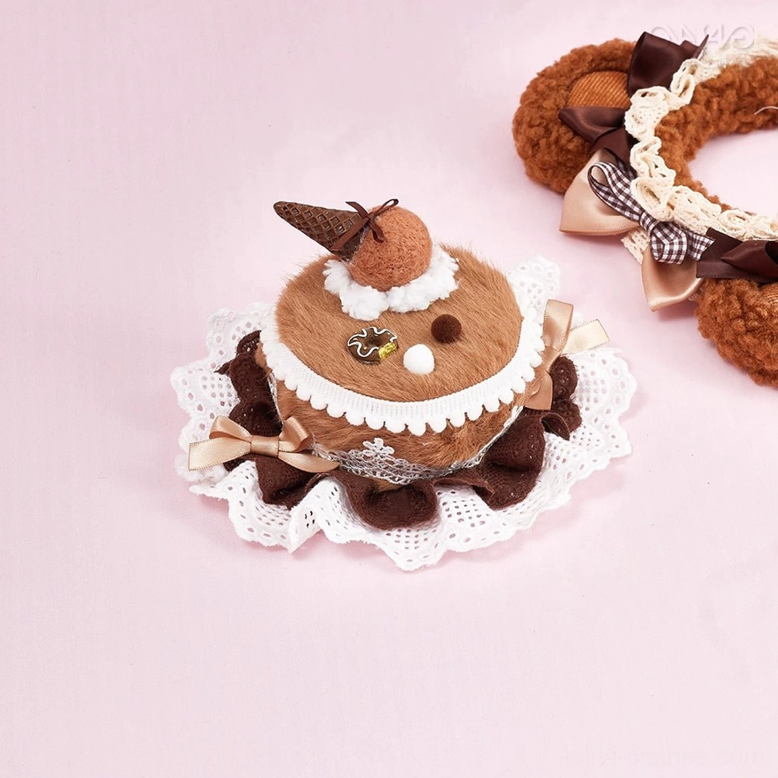 Chocolate brown Lolita cake hair clip fuzzy fabric lace ruffle base with ice cream cone and satin bow details