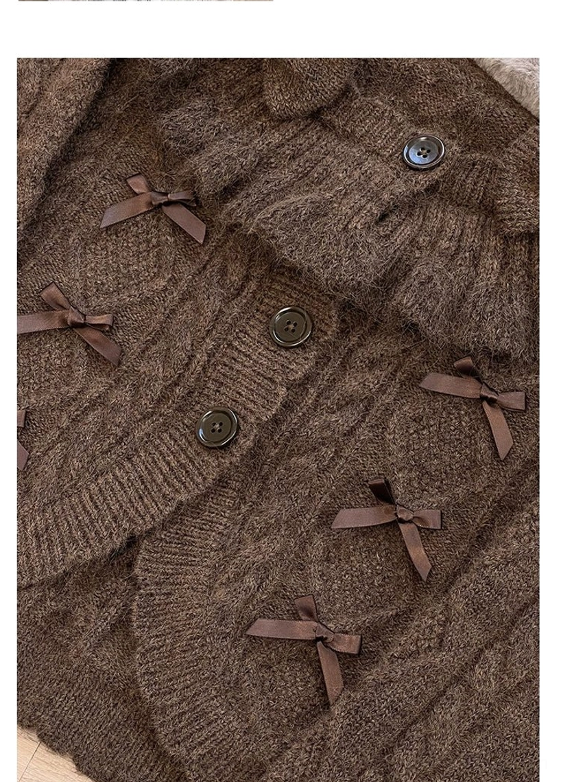 Chocolate Brown Lolita Cardigan Flat Lay Close-up Cable Knit Pattern Round Buttons Satin Bow Decorations