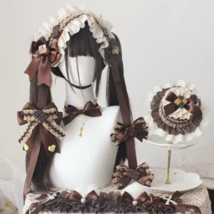 Full chocolate brown lolita headdress accessory collection display on mannequin with twin ponytail wig and dessert stand background showcasing complete coordinated set