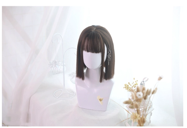 Chocolate brown short bob lolita wig right rear three-quarter angle view mannequin elegant styling
