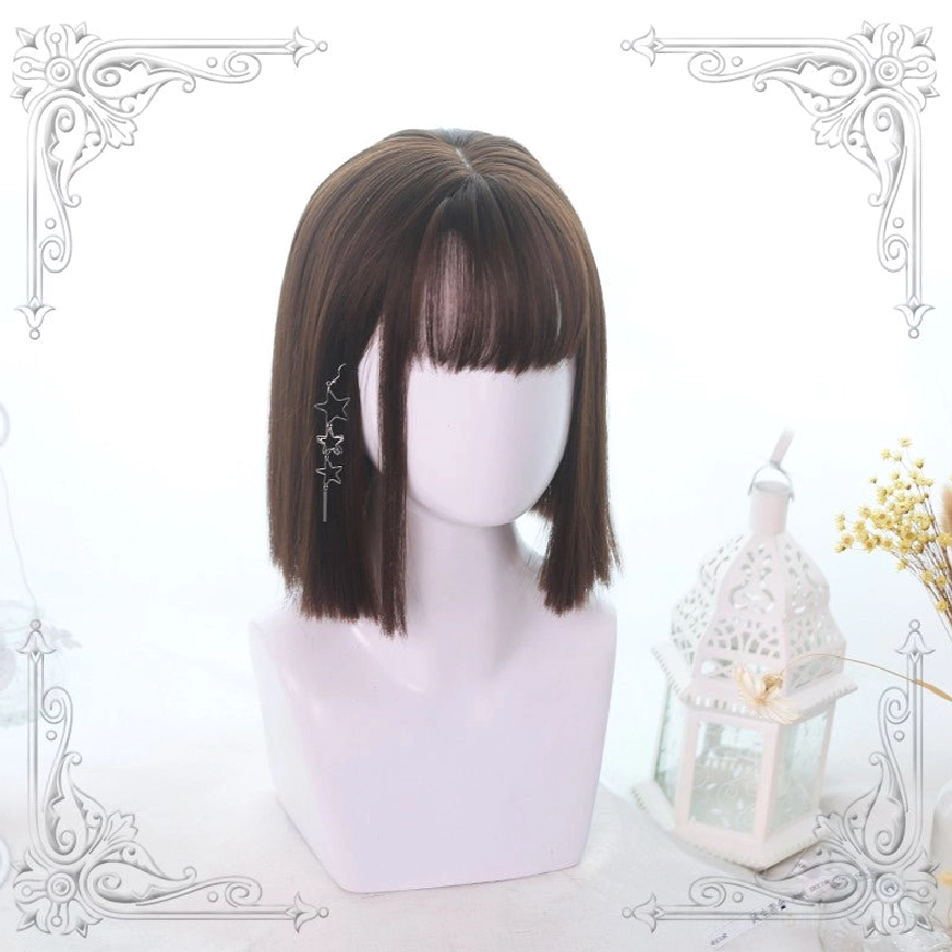Chocolate brown short straight lolita wig with neat bob cut and straight ends front three-quarter angle