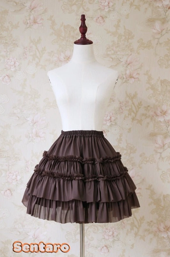 Chocolate brown tiered ruffle Lolita shorts skirt with multi-layer flounce design, elegant A-line silhouette front view