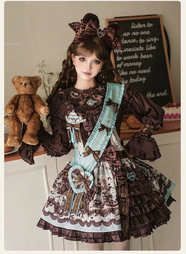 Single chocolate-themed lolita coordinate set front close-up dark brown long sleeve blouse printed ruffled skirt waist sash