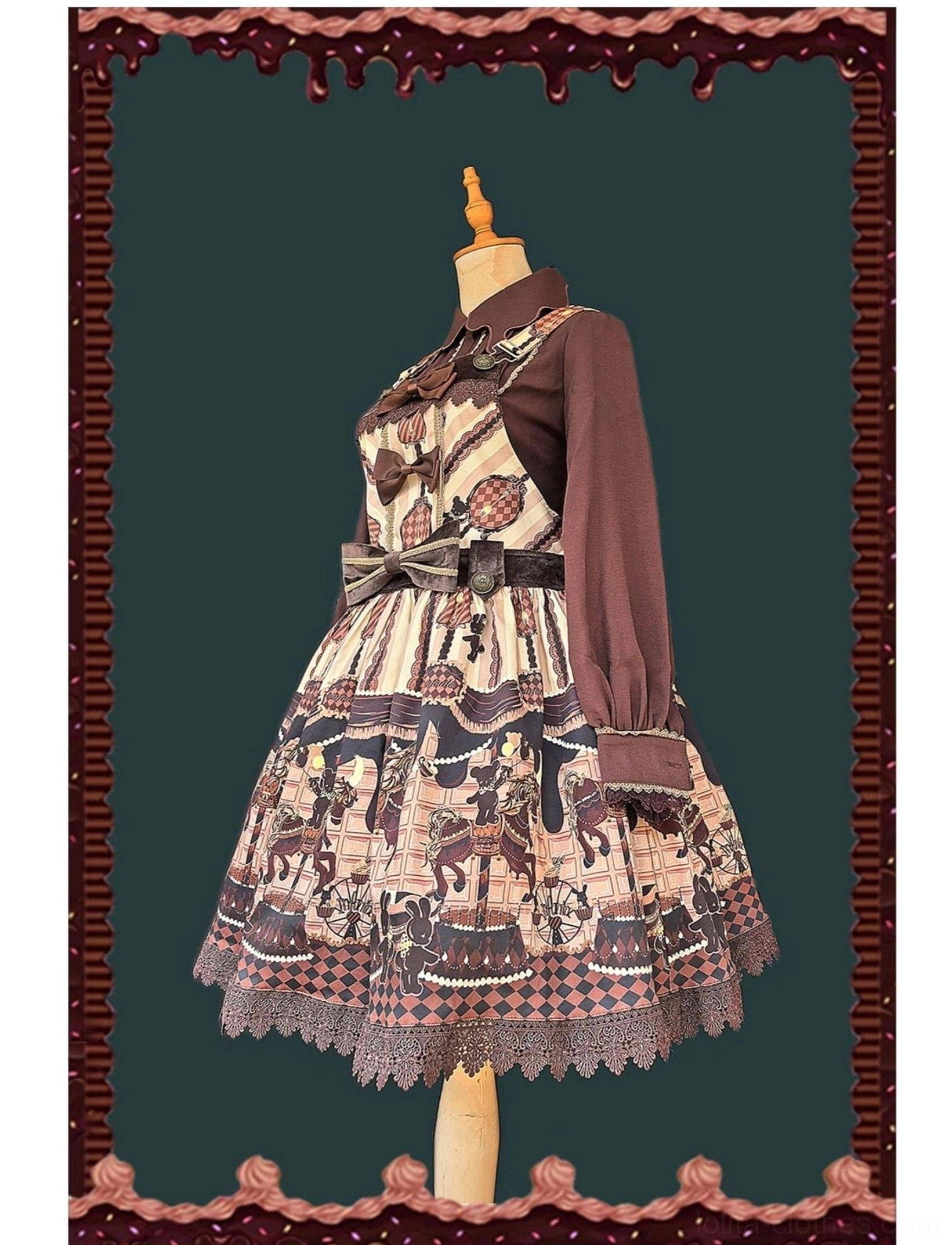 Chocolate carousel lolita jumper skirt salopette checkered bodice full carousel print skirt lace hem waist bow
