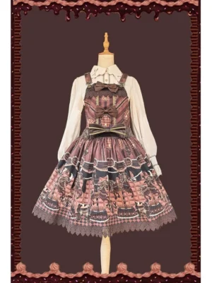 Chocolate carousel themed lolita jumper skirt salopette with white blouse reddish-brown dress carousel print