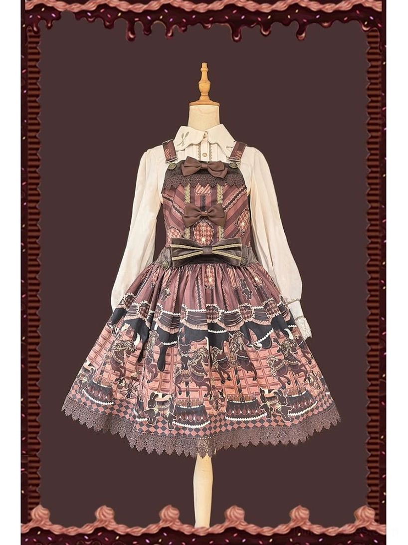 Chocolate carousel themed lolita jumper skirt salopette with white blouse reddish-brown dress carousel print