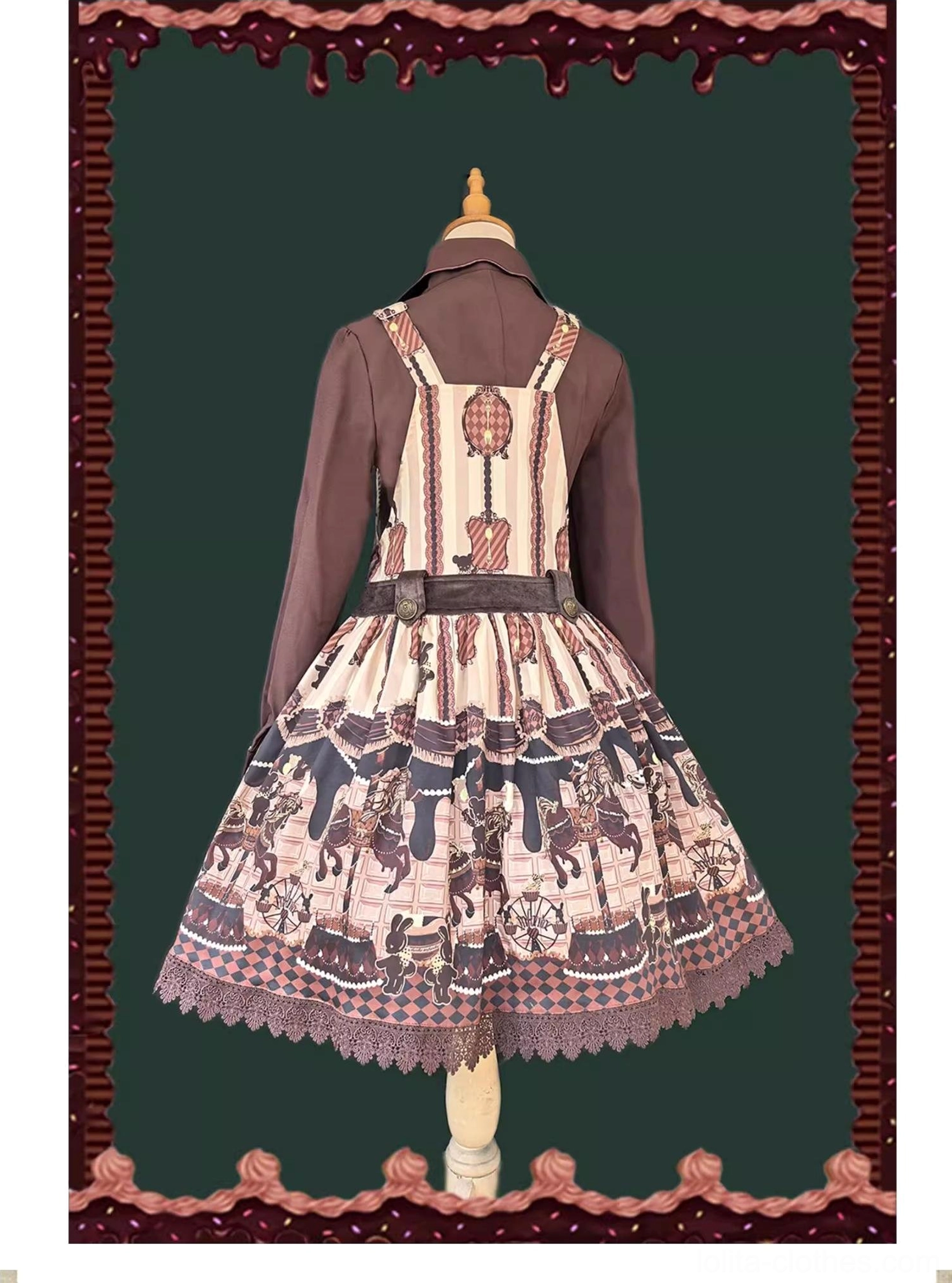 Chocolate carousel lolita salopette dress back view dark brown blouse exposed adjustable back straps waist bow