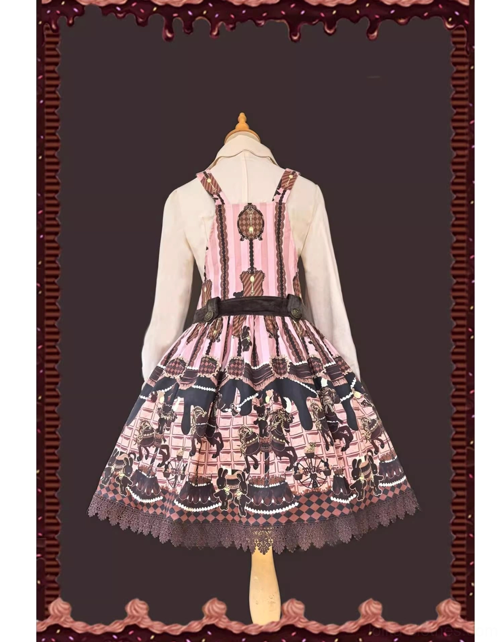Chocolate carousel lolita salopette dress back view pink base exposed back straps waist bow lace hem decoration