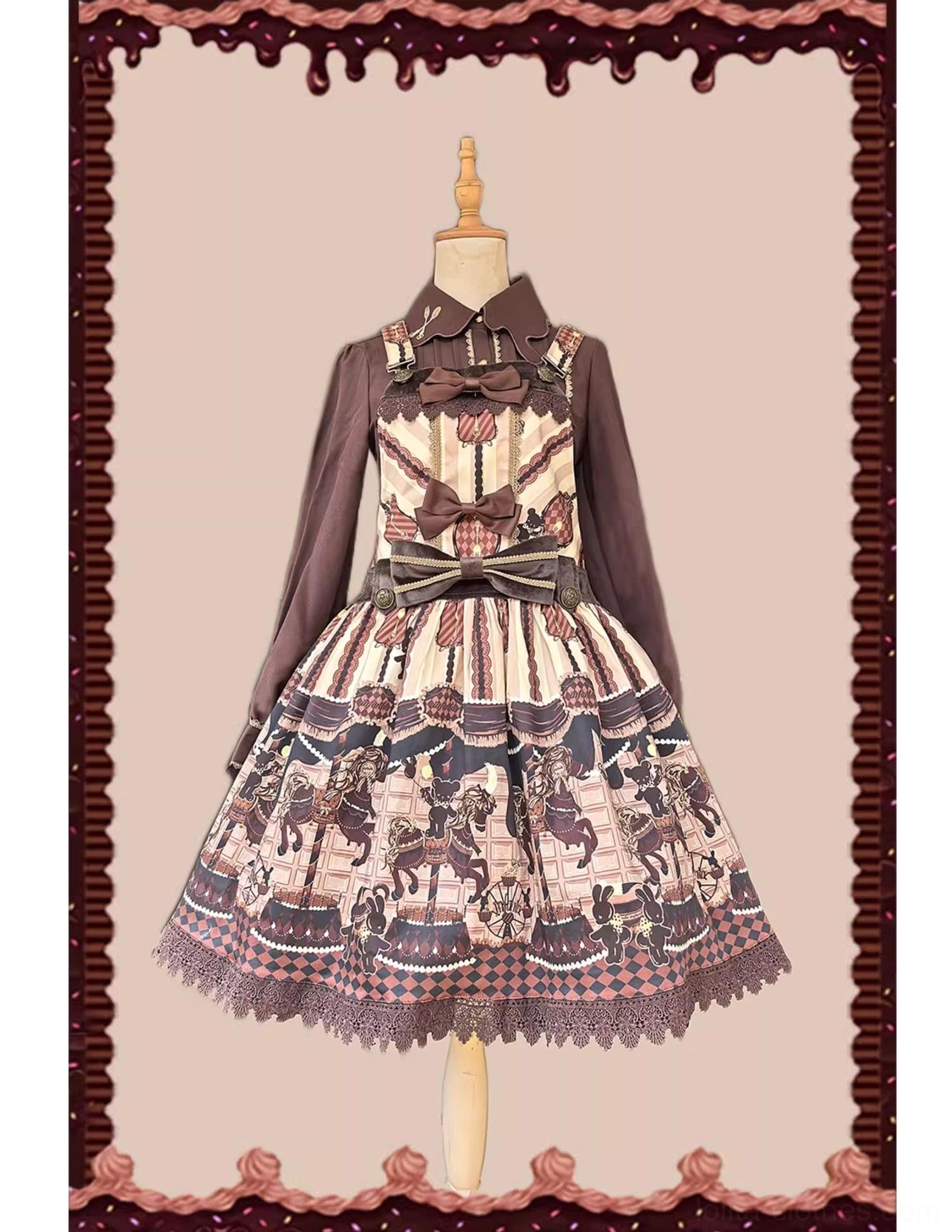 Chocolate carousel lolita salopette dress with dark brown blouse checkered bodice cream dress carousel skirt print