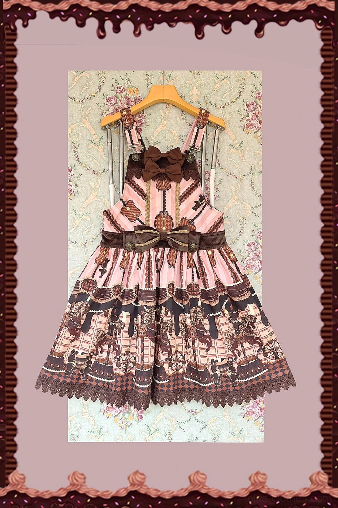 Chocolate carousel lolita salopette jsk detachable bow waist decoration adjustable straps side zipper detail