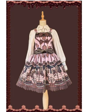 Chocolate carousel lolita salopette dress set with white bishop sleeve blouse front view pink base carousel print