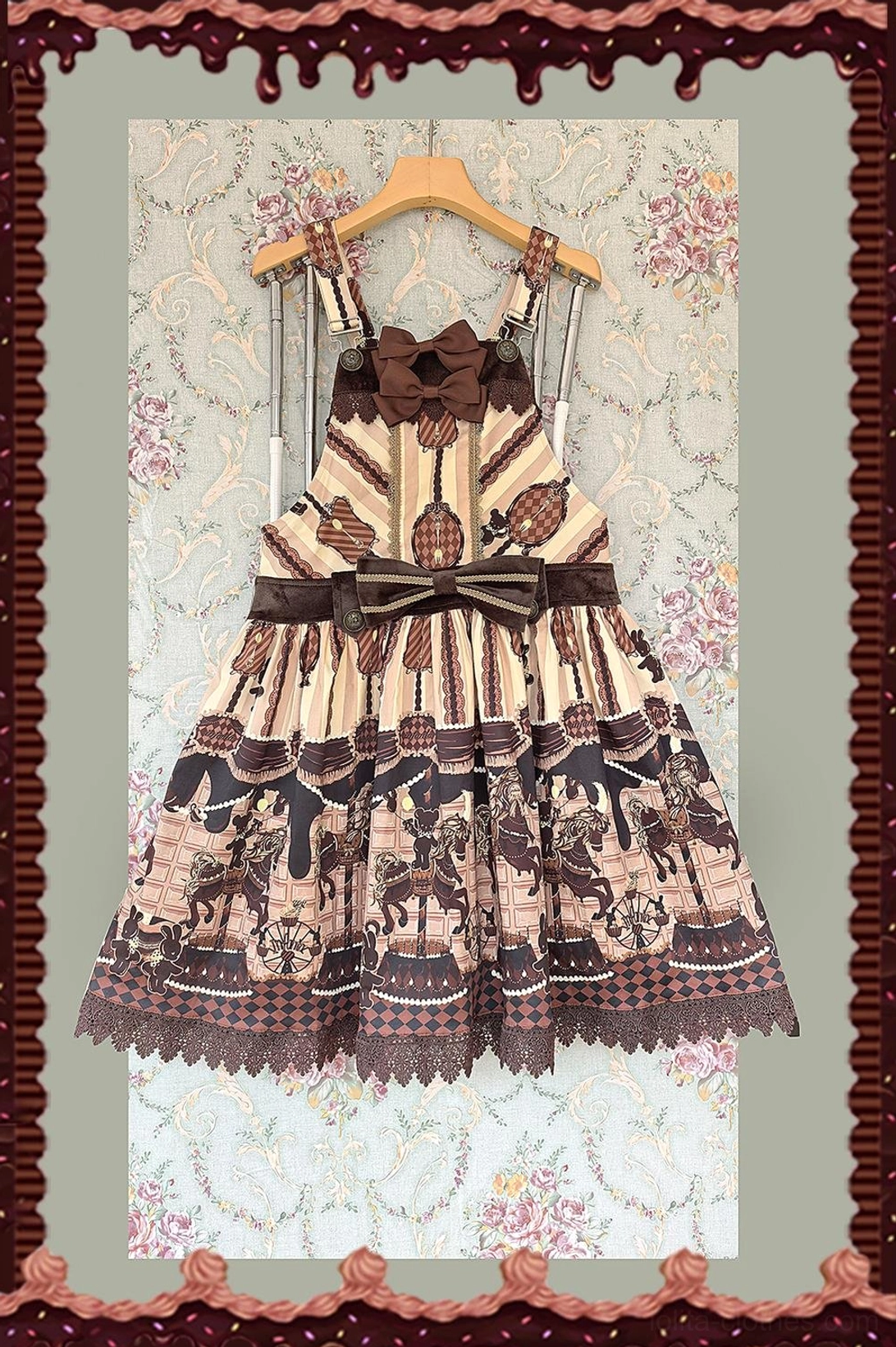 Chocolate carousel lolita salopette dress lace-trimmed hem skirt detail carousel print fabric close-up