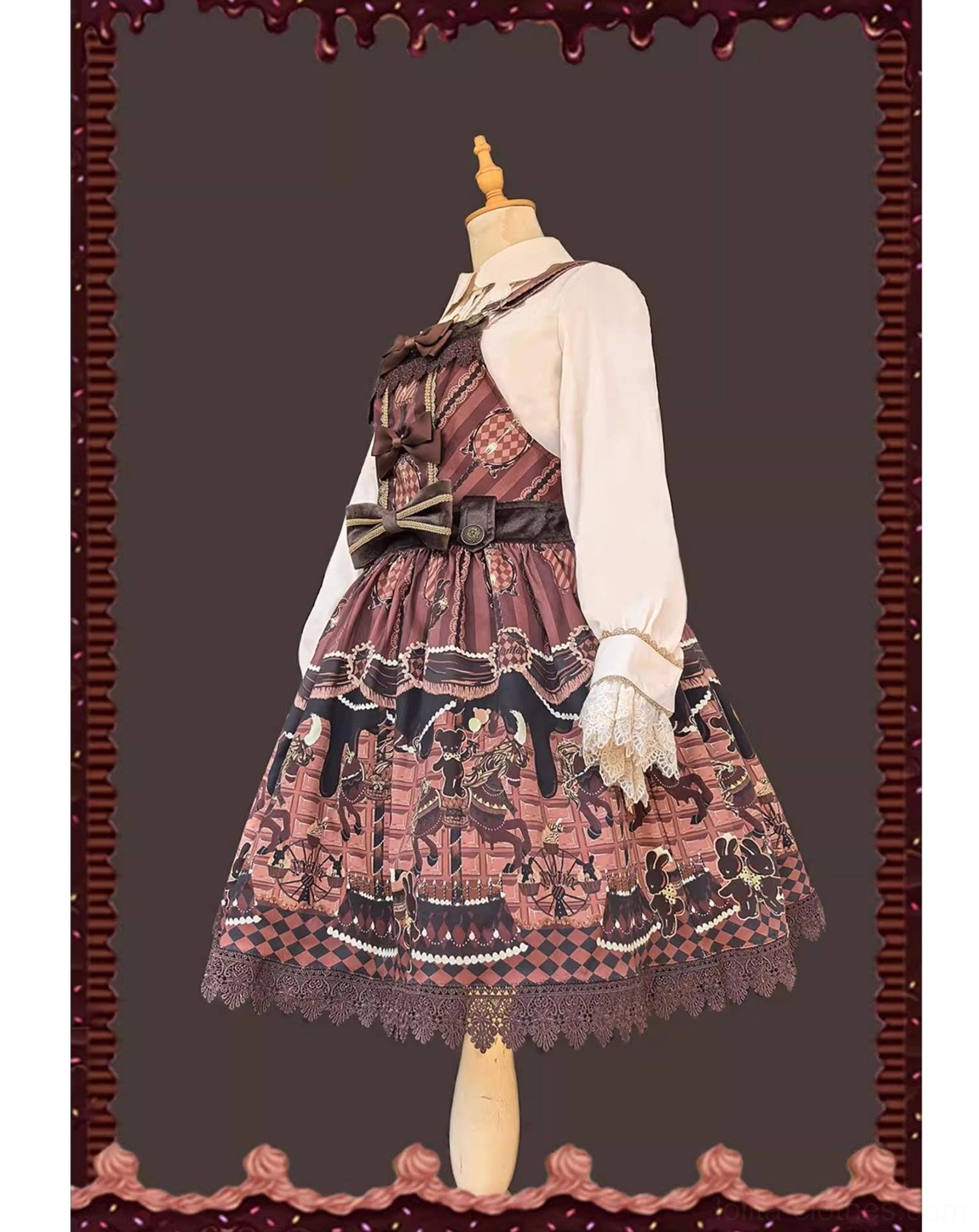 Chocolate carousel lolita salopette dress side view white blouse reddish-brown dress side zipper waist bow