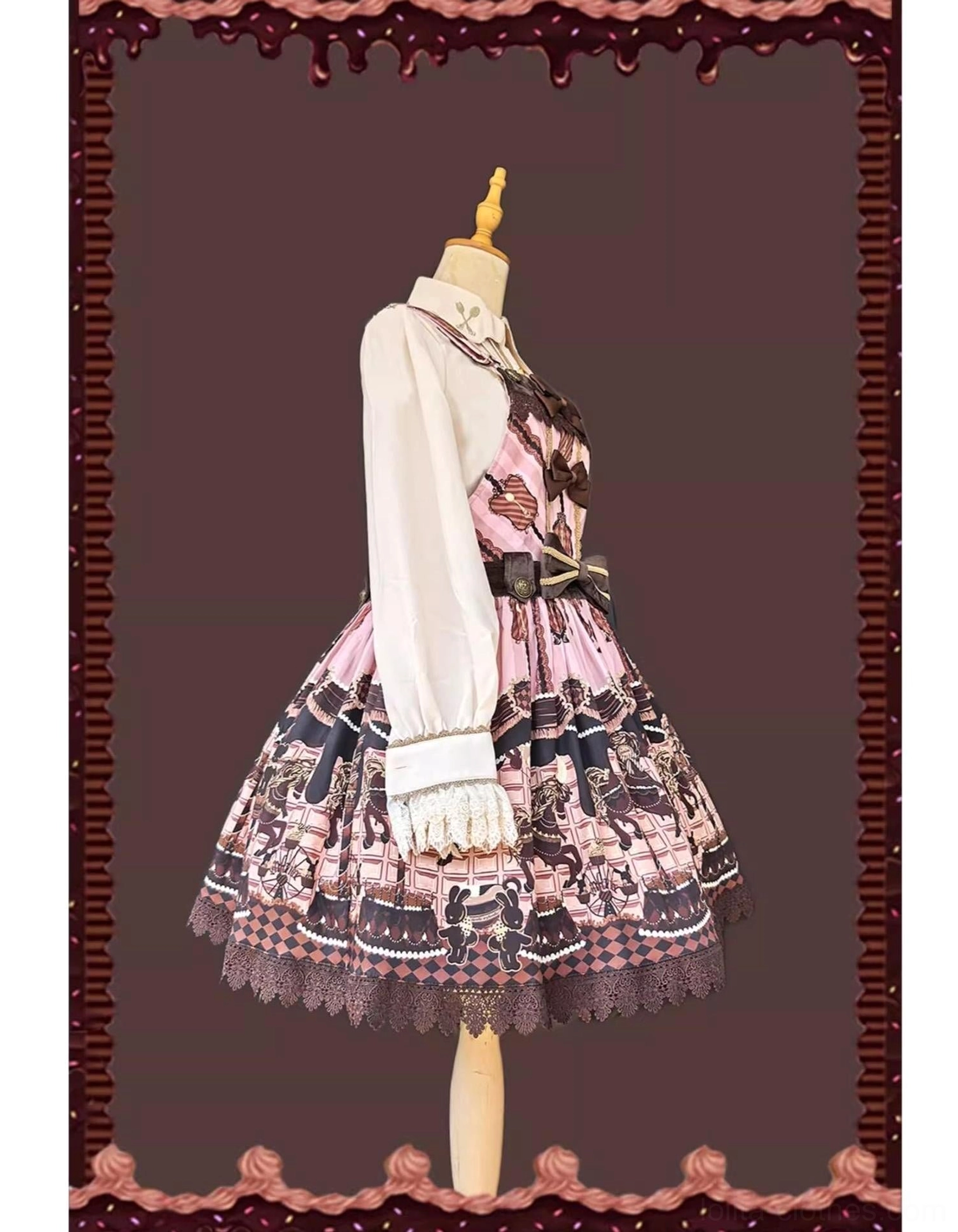Chocolate carousel lolita salopette dress side view pink base white blouse bishop sleeves lace cuffs