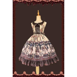 Chocolate Carousel Old School Lolita JSK Dress front full view with Peter Pan collar and carousel print skirt on mannequin