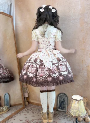 Chocolate Cat Lolita JSK with Back Shirring and Bow - Back Full-Body Mirror View