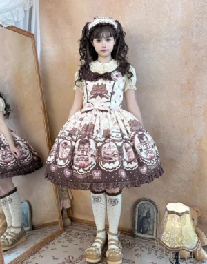Chocolate Cat Lolita JSK Jumper Skirt - Front Full-Body View on Model in Vintage Room Setting