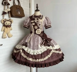 Chocolate Cone sweet lolita OP dress with detachable bow sash displayed on dress form with teddy bear accessories