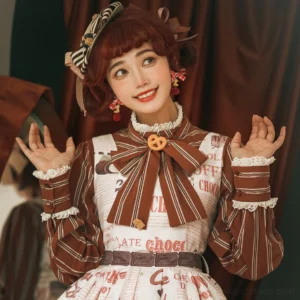 Close-up portrait of lolita model wearing chocolate daily sweet lolita hat with striped ribbon bow and floral hairpin accessories, paired with brown bow necktie and vintage curtain background showcase