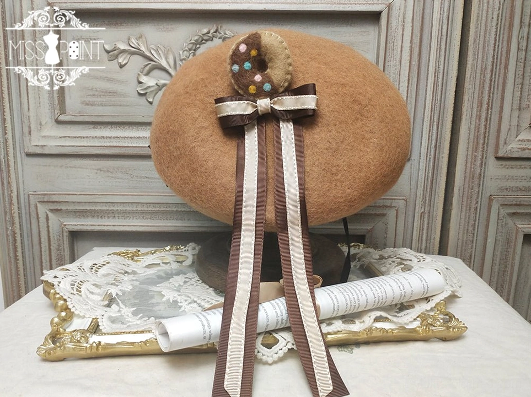 Chocolate daily sweet lolita headwear with handcrafted flat-top design, striped bow accent, and decorative biscuit charms for complete lolita fashion aesthetic coordination