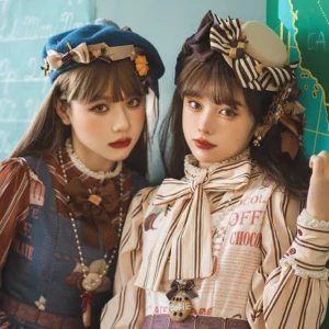 Two lolita models wearing matching chocolate daily sweet lolita outfits with coordinating flat-top hats featuring striped bows and biscuit charms, displayed in vintage retro indoor setting with decorative map background
