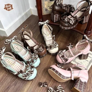 Flat lay display of chocolate dream sweet lolita mary jane heels in multiple color options with detachable chocolate bows and checkered block heels