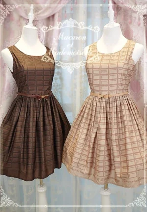 chocolate-grid-lolita-jsk-dress-milk-tea-brown-two-mannequin-front-display