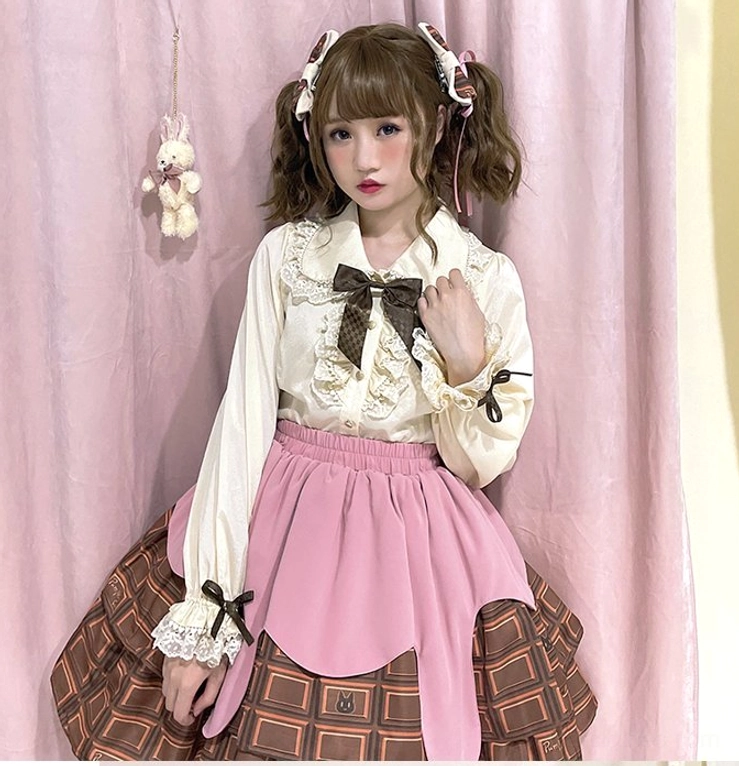 Chocolate Heart Sweet Lolita blouse color comparison showing all six available colors chocolate black white mocha faint yellow and pink
