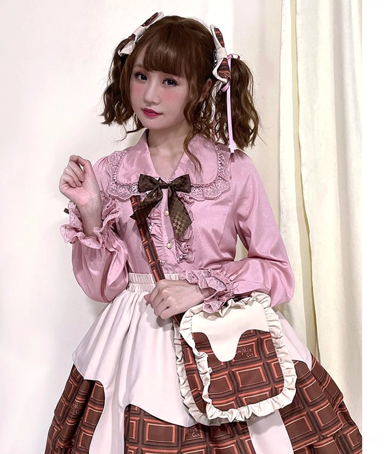 Chocolate Heart Lolita long-sleeve blouse back detail showing crossover ribbon bow decoration and ruffled hem