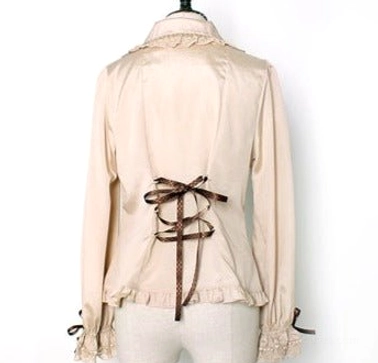 Cream white Chocolate Heart Lolita blouse back view on dress form showing ribbon bow back decoration ruffled hem and cuffs