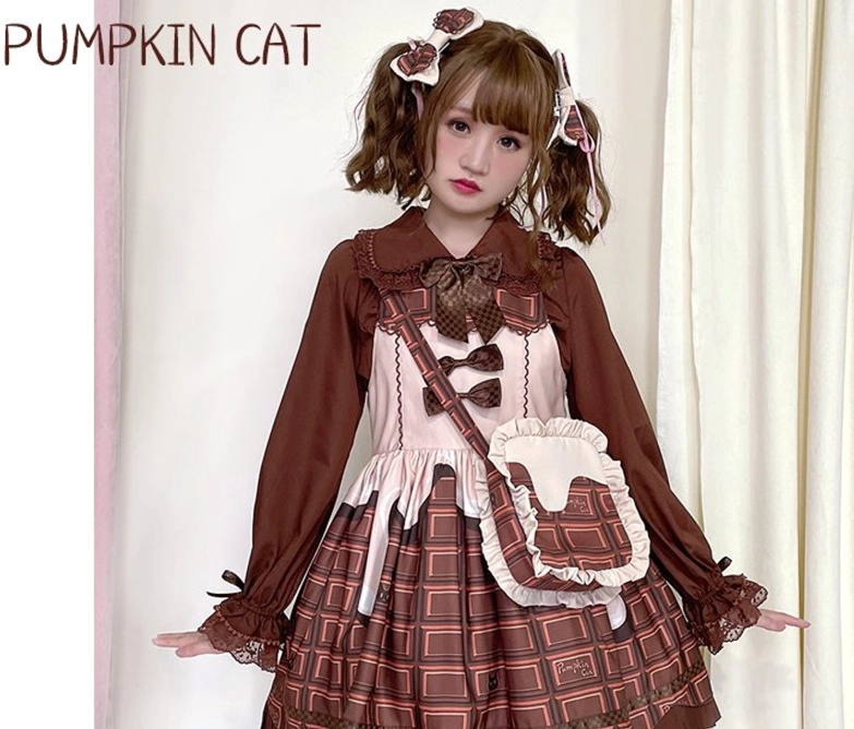 Chocolate Heart Sweet Lolita blouse detail shot of ruffled Peter Pan collar with checkered bow tie accent piece