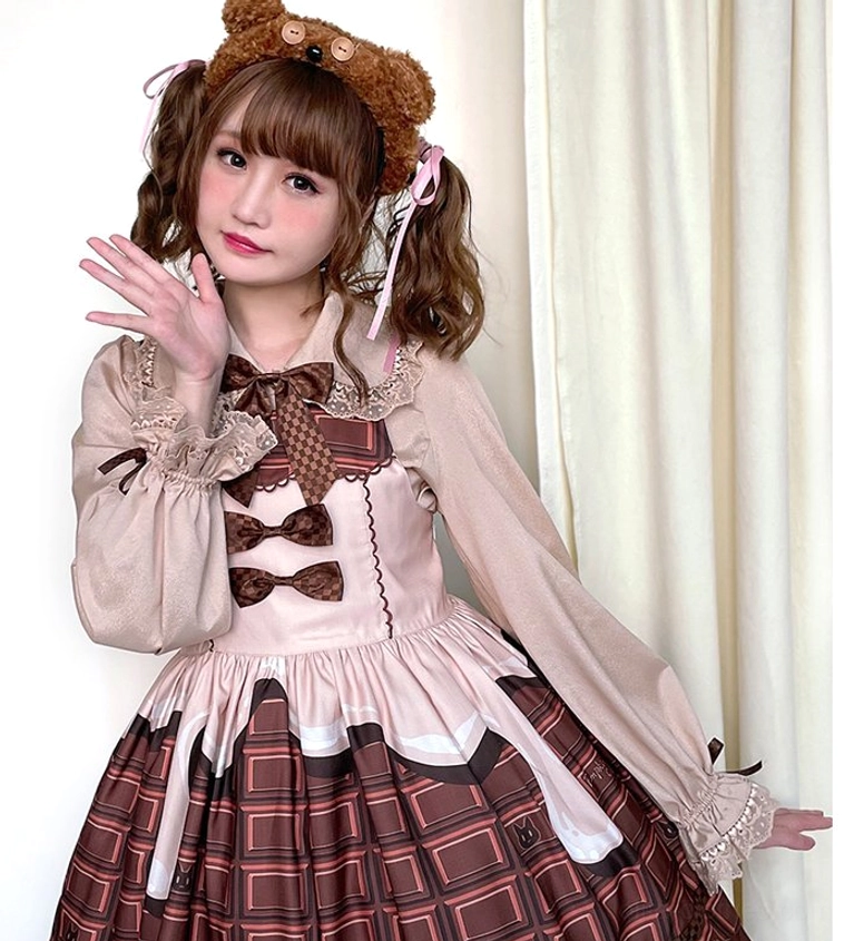 Chocolate Heart Sweet Lolita blouse close-up of front button closure and lace-trimmed chest panel detail