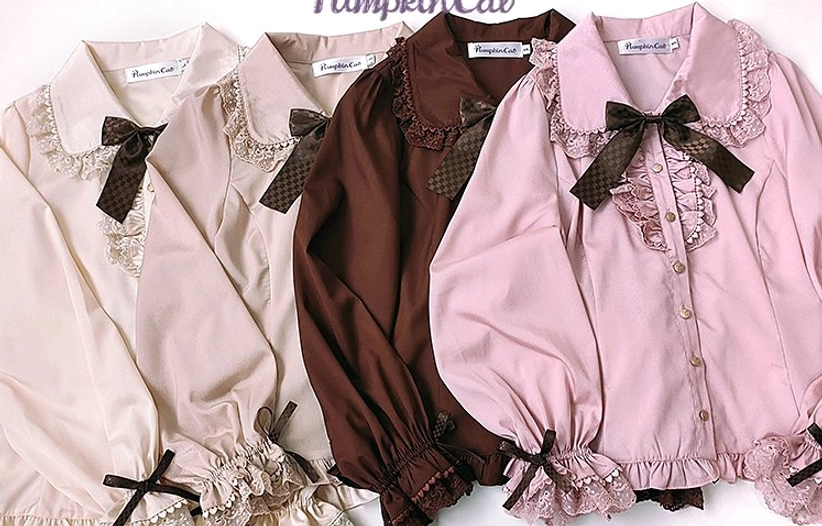 Multiple color options of Chocolate Heart Lolita blouses flat lay display showing cream white apricot dark brown and pink variants with ruffled collars