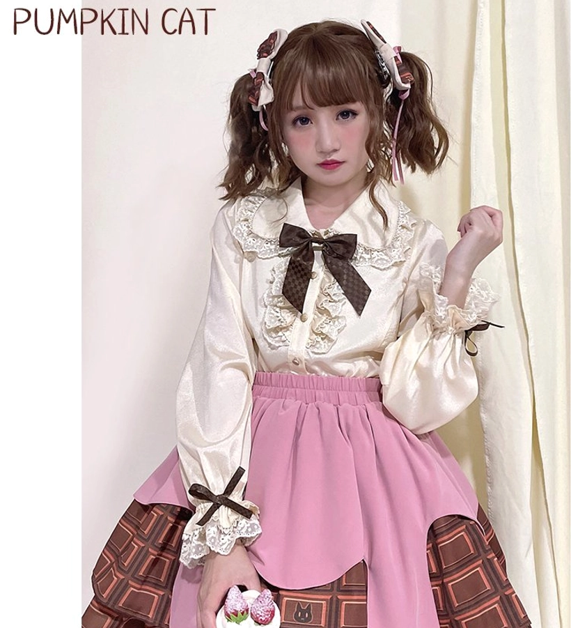 Chocolate Heart Lolita long-sleeve blouse side profile view on dress form showing sleeve volume and overall silhouette