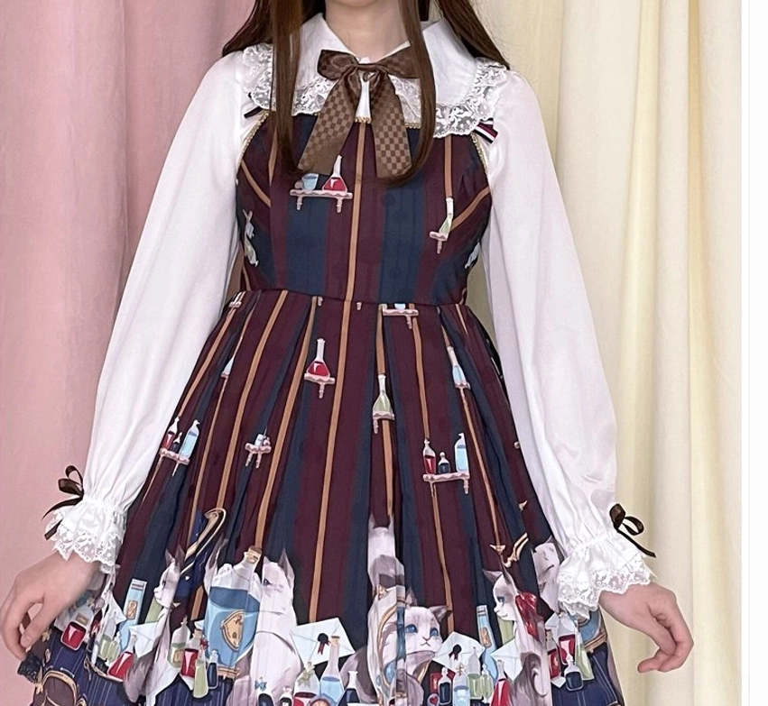 Chocolate Heart Lolita long-sleeve blouse worn in sweet lolita coordinate with matching accessories and knee-high socks