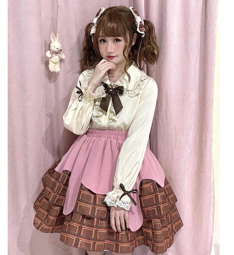 Chocolate Heart Sweet Lolita blouse three-quarter angle view displaying collar cuff and sleeve design elements