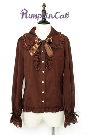 Chocolate Heart Sweet Lolita long-sleeve blouse in chocolate color front display showing complete design from neck to hem