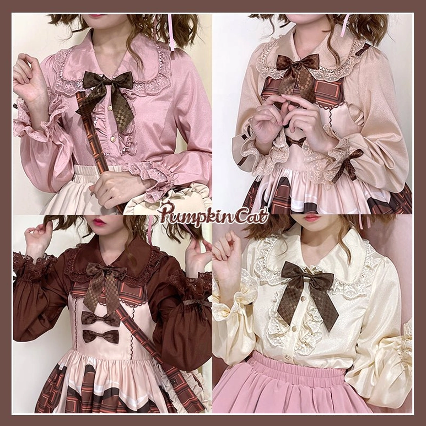 Chocolate Heart Sweet Lolita long-sleeve blouse model wearing coordinate styles with Peter Pan collar and ruffled lantern sleeves in multiple lolita daily outfits