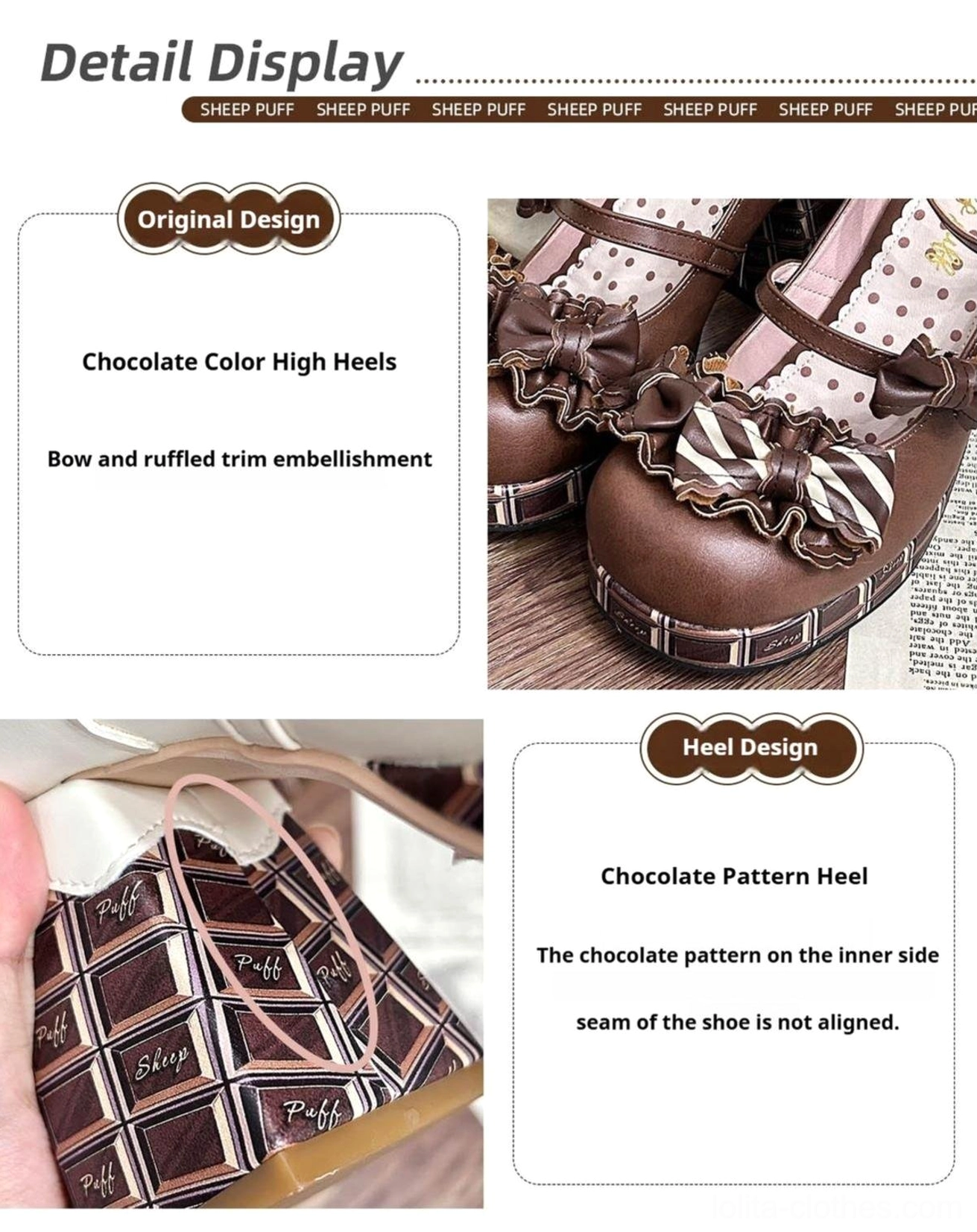 Care and maintenance guide for chocolate print sweet lolita high heel shoes with cleaning and storage instructions