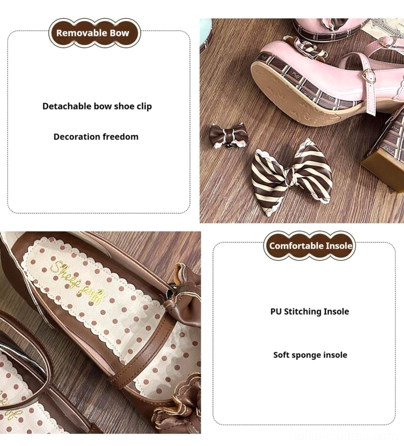 Chocolate dream lolita heels size and fit guide comparison showing multiple sizes on model wearing lace and cute accessories