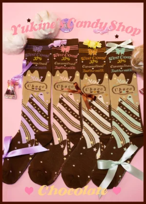 Assorted chocolate style lolita cotton socks in mint chocolate strawberry and taro purple variants with satin ribbon decorations