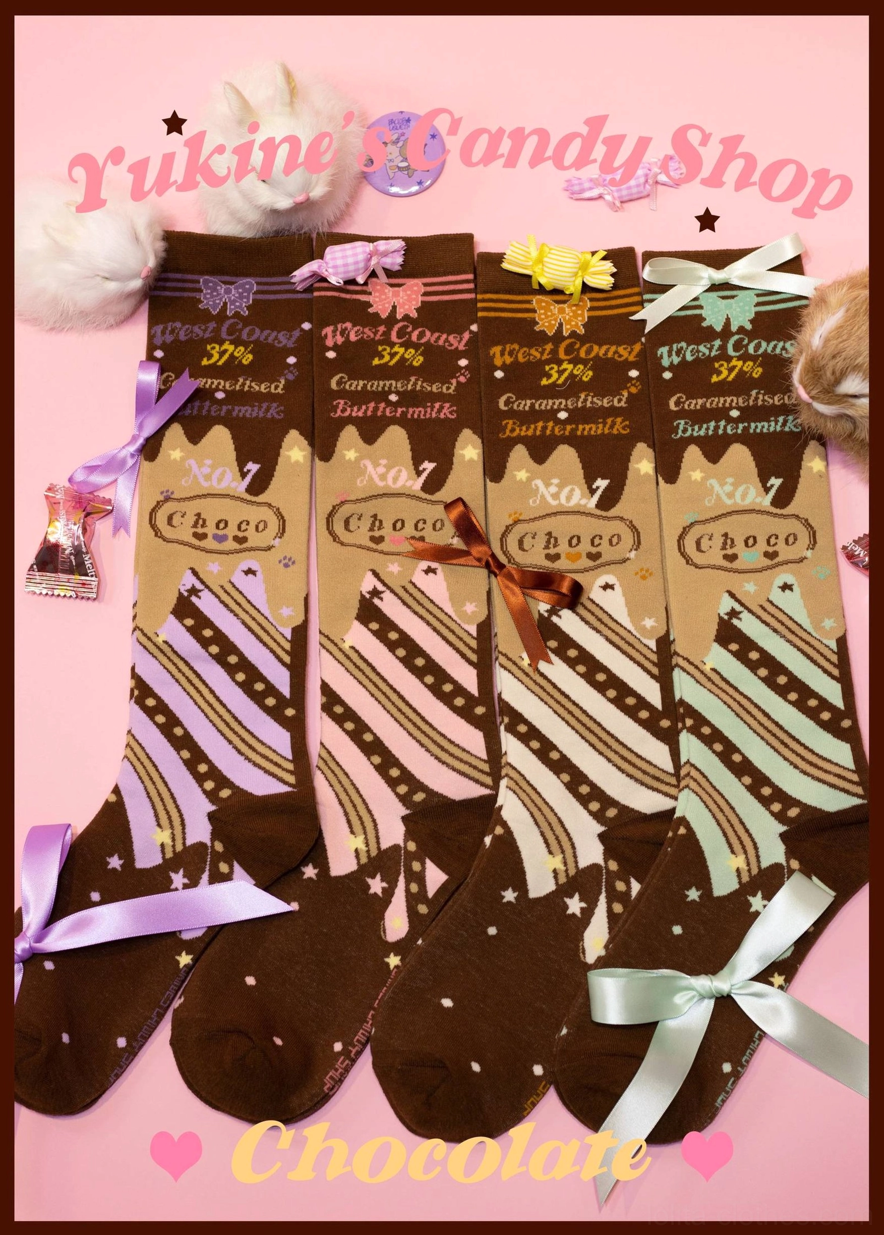 Assorted chocolate style lolita cotton socks in mint chocolate strawberry and taro purple variants with satin ribbon decorations