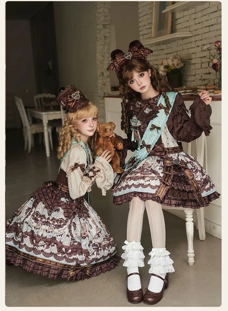 Chocolate-themed lolita twin coordinate sets low angle full body view cafe seating white-brown and dark brown coords