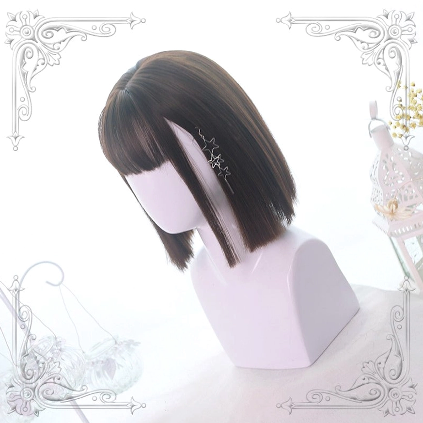 Brown chocolate lolita wig short straight bob side profile view on mannequin head