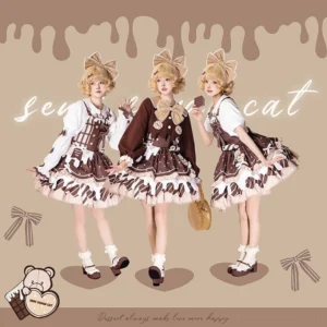 Chocolate milk pie lolita collection group coordinate sets three models blonde lolita fashion ruffled icing skirt hemline brown cream aesthetic