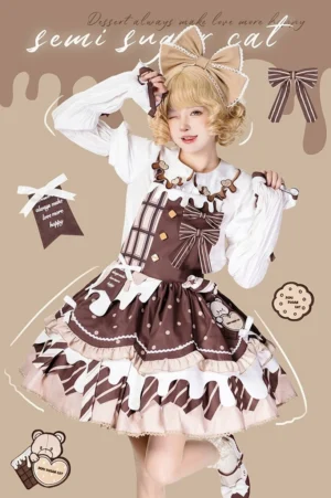 Chocolate milk pie sweet lolita jumper skirt dress front view studio shot with brown and cream color scheme dripping icing hemline bow hair ornament