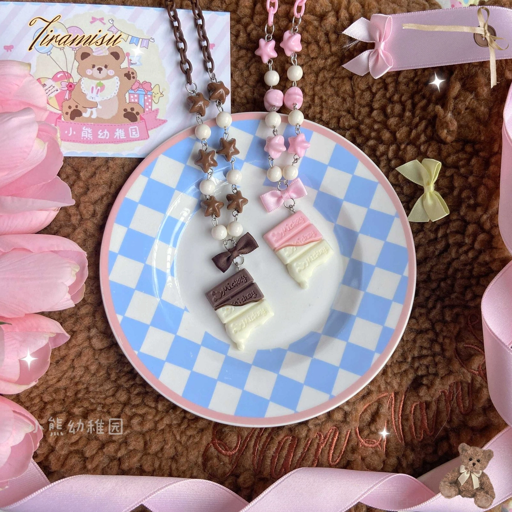 Chocolate and strawberry cookie charm lolita necklace variations featuring mixed beaded chains and miniature biscuit charms for versatile sweet lolita styling options