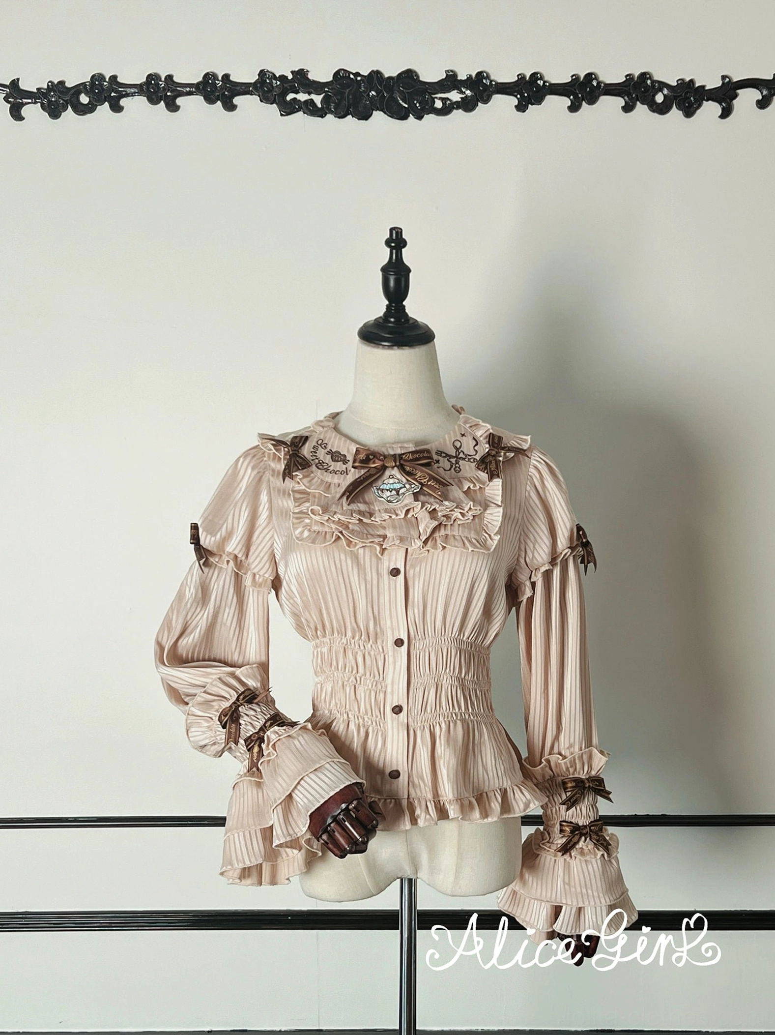 Beige milk tea long sleeve kawaii lolita blouse with ruffled petal collar and oversized bell cuffs front flat display on mannequin